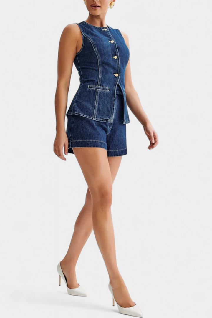 Ensemble Raya : Gilet en Denim Sans Manches et Shorts Taille Haute