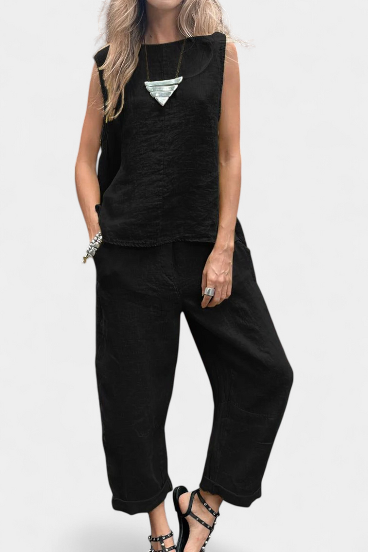 Leona Ensemble de Gilet et Pantalon Sans Manches en Coton Lin