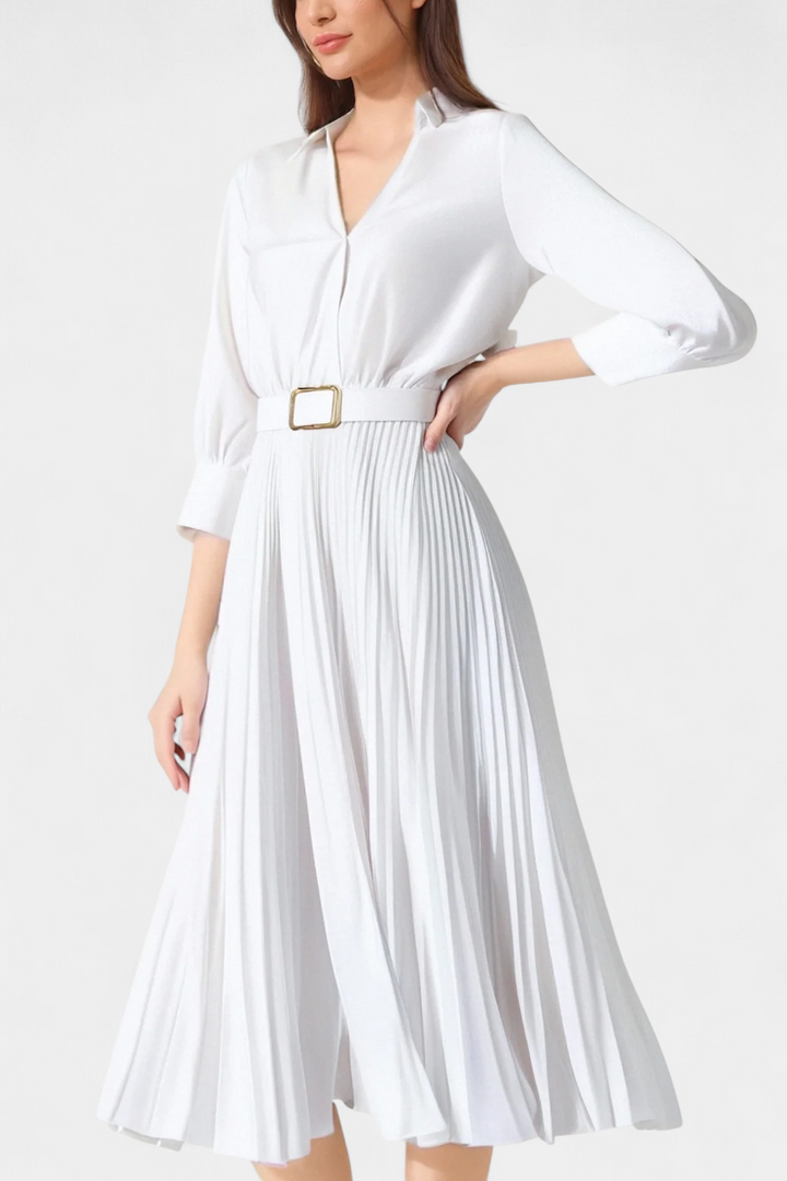 Robe Midi Michelle avec Col Tailleur et Ceinture Plissée
