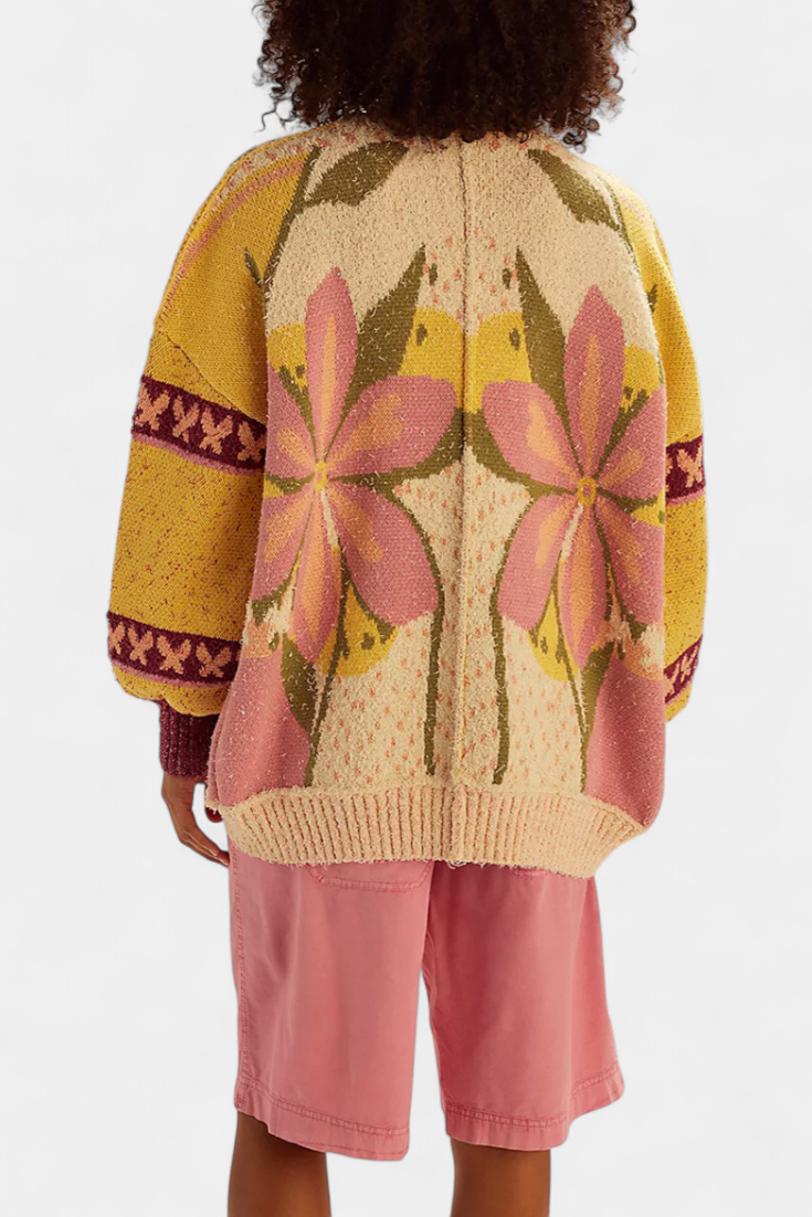 Cardigan en Punto avec Motif Floral et Coupe Ample