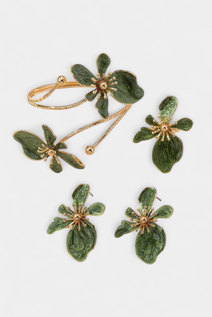 Ensemble d'Accessoires Floraux : Bracelet + Boucles d'oreilles + Bagues