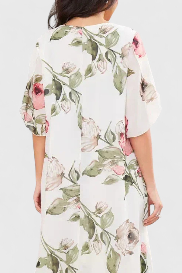 Robe Tameka en Georgette Fluide avec Pétales et Manches Transparentes