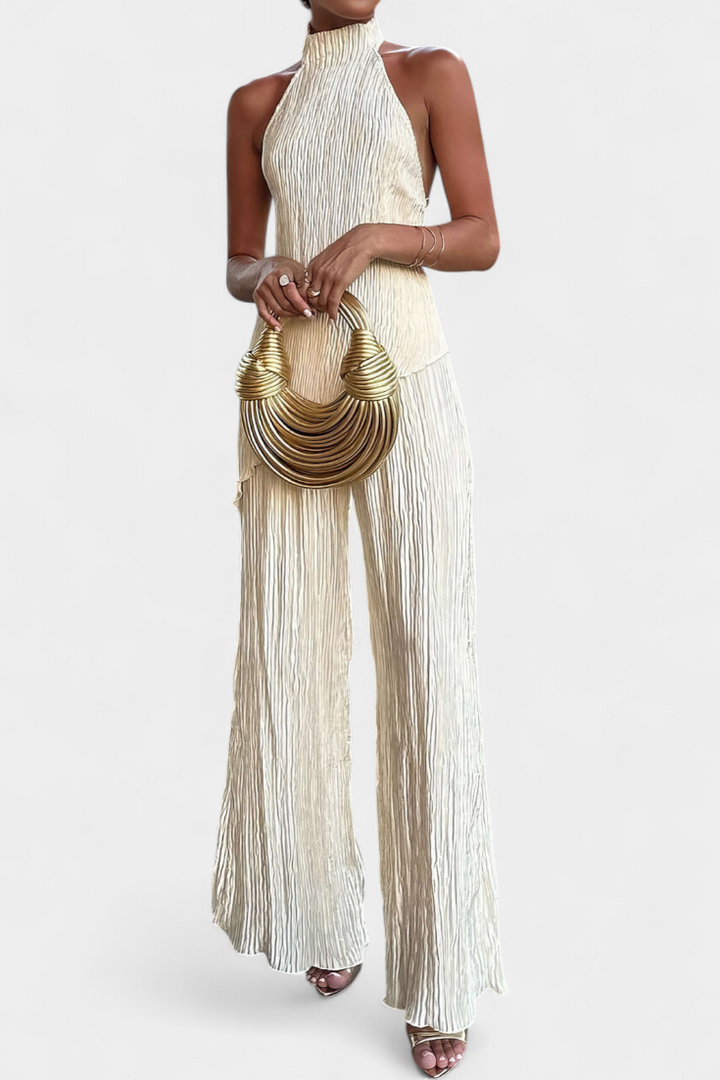 Ensemble Plissé Pilarica avec Top Asymétrique Halter et Pantalon Fluide