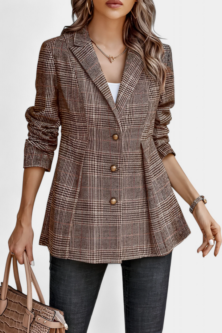 Blazer Peplum à Carreaux avec Revers en V