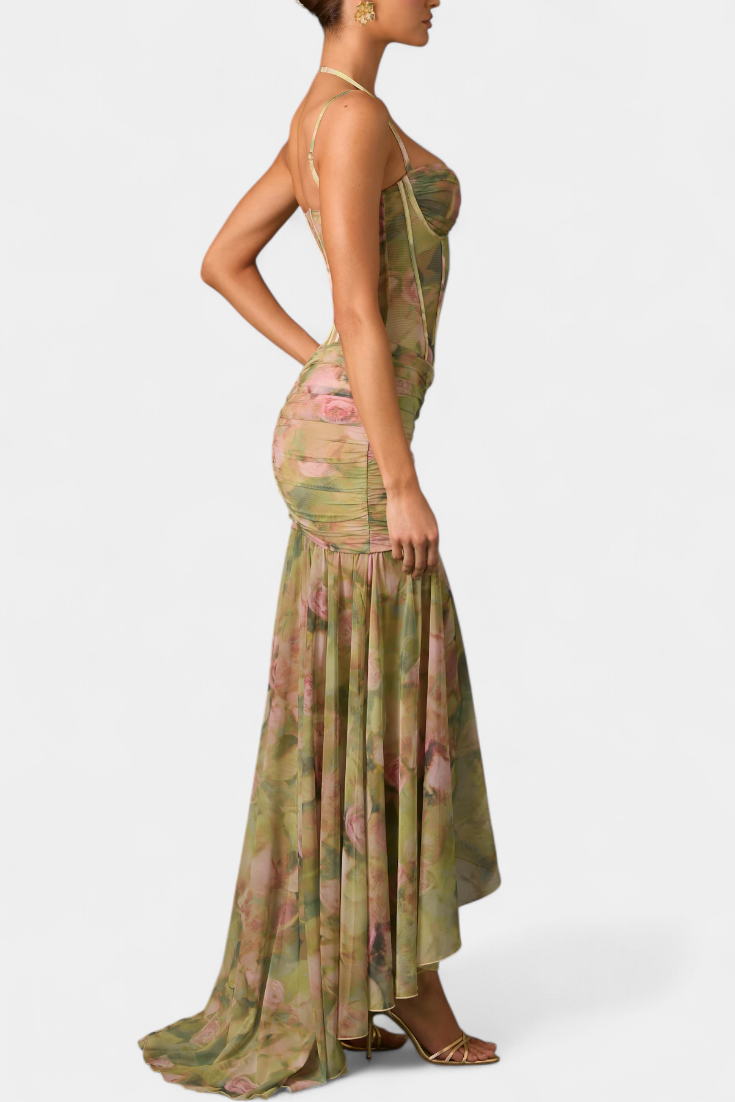 Robe Maxi Florale Asymétrique Amryn avec Volants