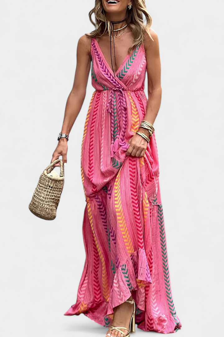 Robe Longue Asunción Rose à Rayures Multicolores