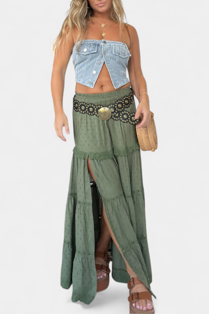 Jupe Maxi Boho Dola avec Dentelle et Fente Frontal