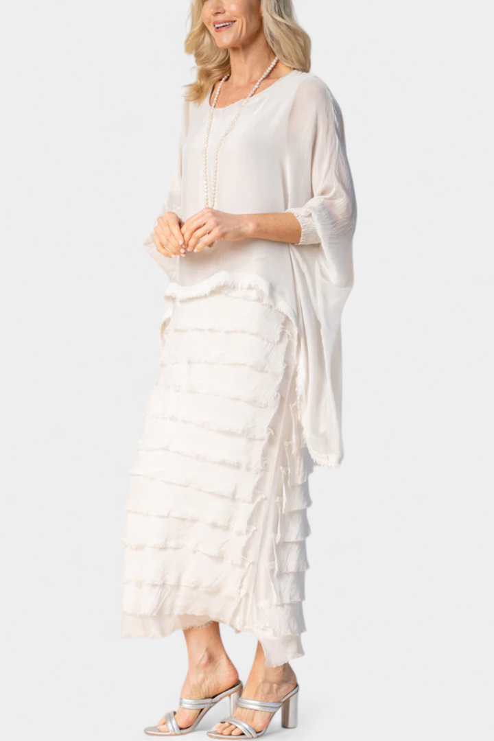 Robe Midi Rosaria avec Volants et Bords Effilochés