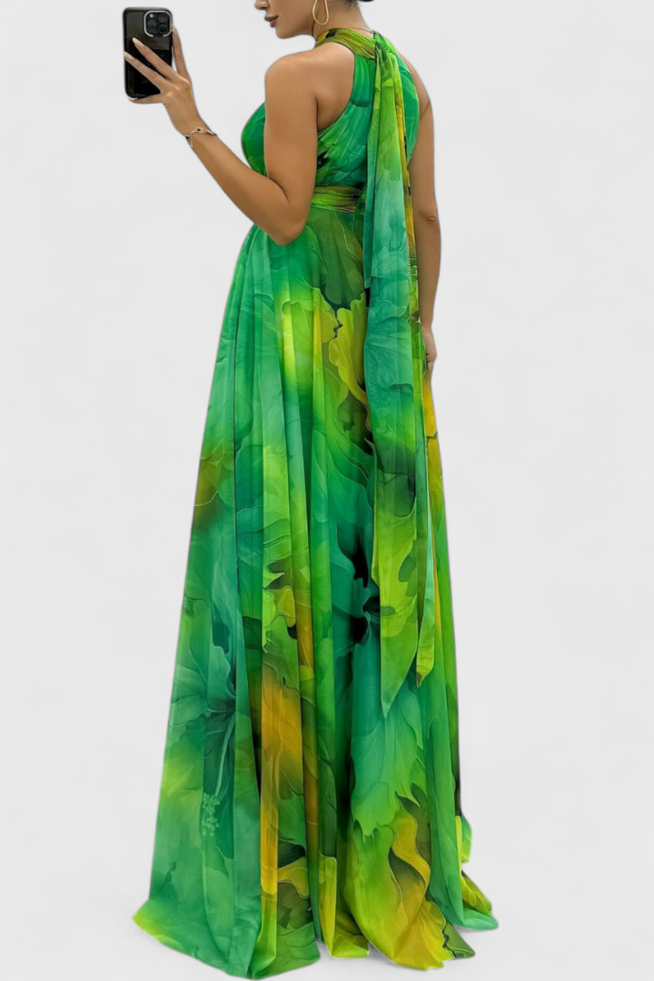 Robe Maxi en Chiffon à Imprimé Floral et Col Halter Caprice