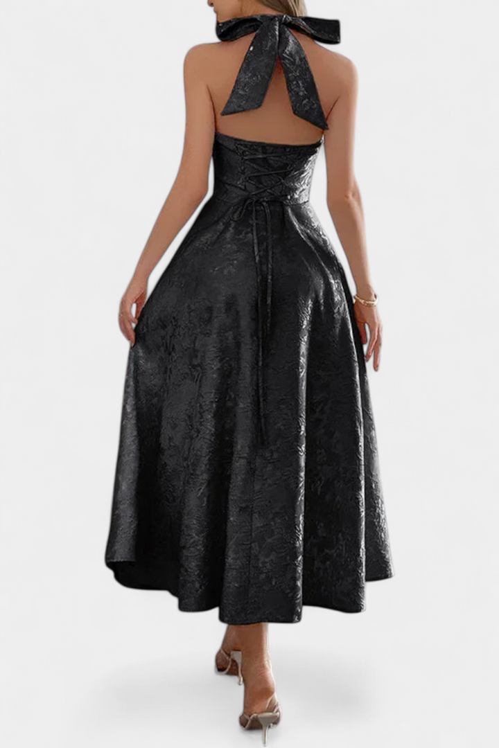 Robe Midi Jacquard Gilda avec Dos Nu et Taille Haute