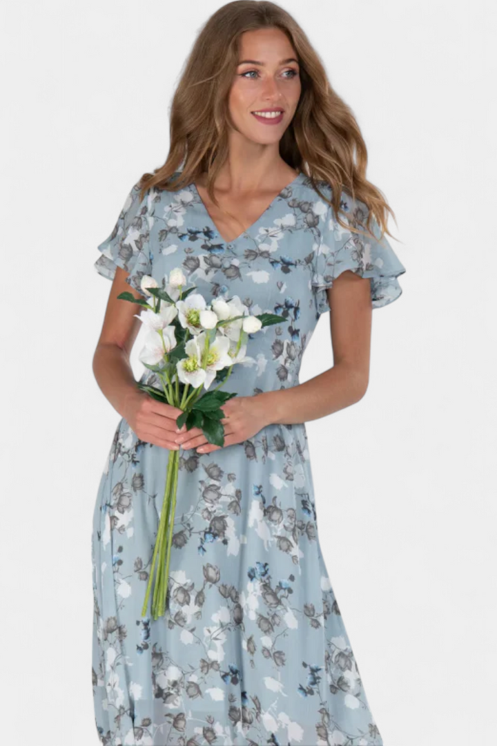 Robe Maxi Florale Amara avec Décolleté en V et Manches Volantes