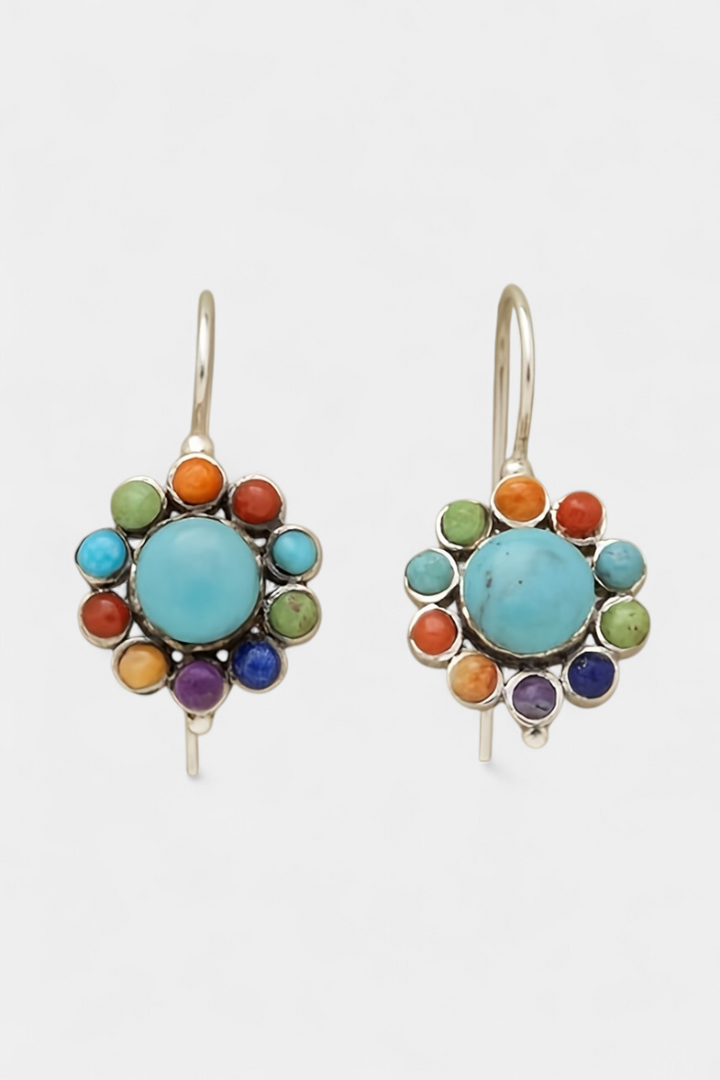 Boucles d'Oreilles Rondes Multicolores avec Turquoise