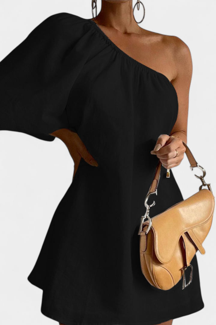 Robe Asymétrique en Coton et Lin avec Épaule Découverte