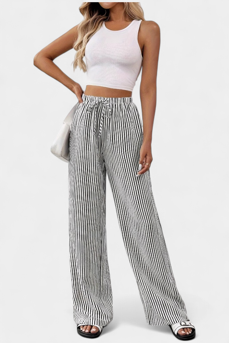 Pantalons Droits Légers Sabrina avec Taille Ajustable à Rayures
