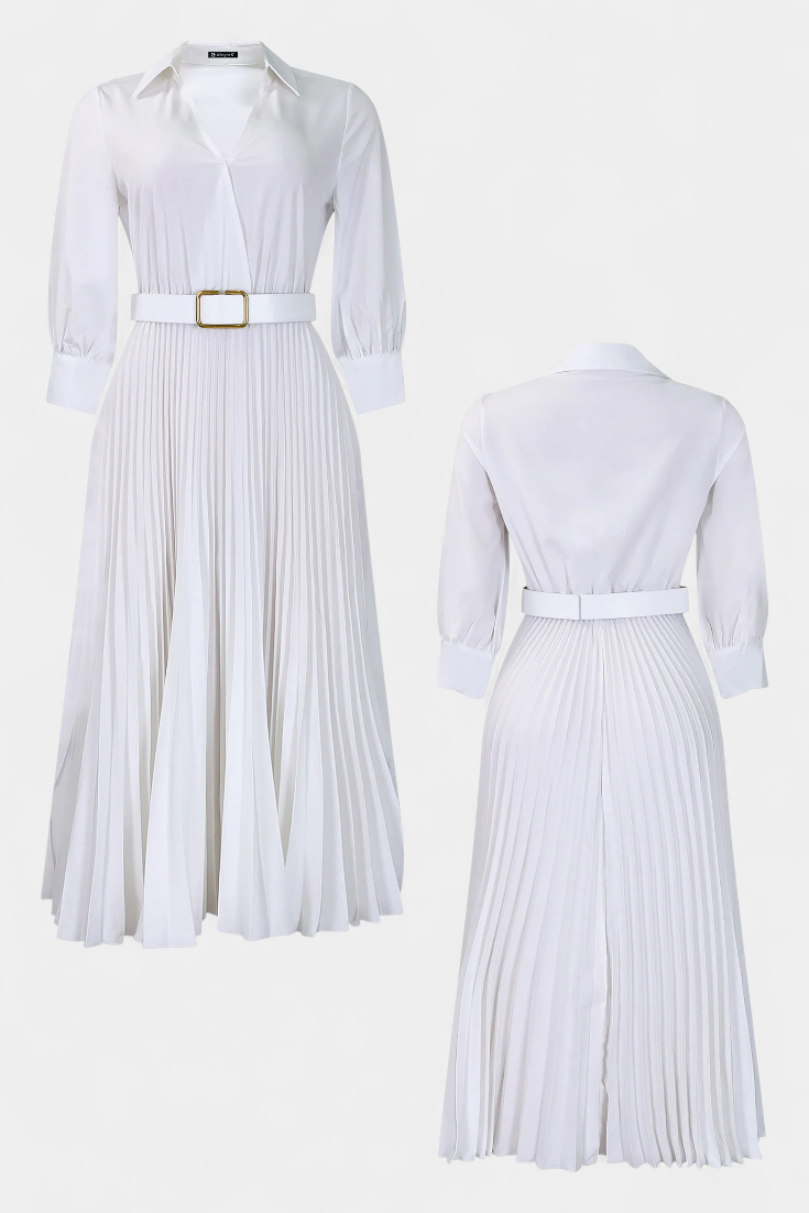 Robe Midi Michelle avec Col Tailleur et Ceinture Plissée