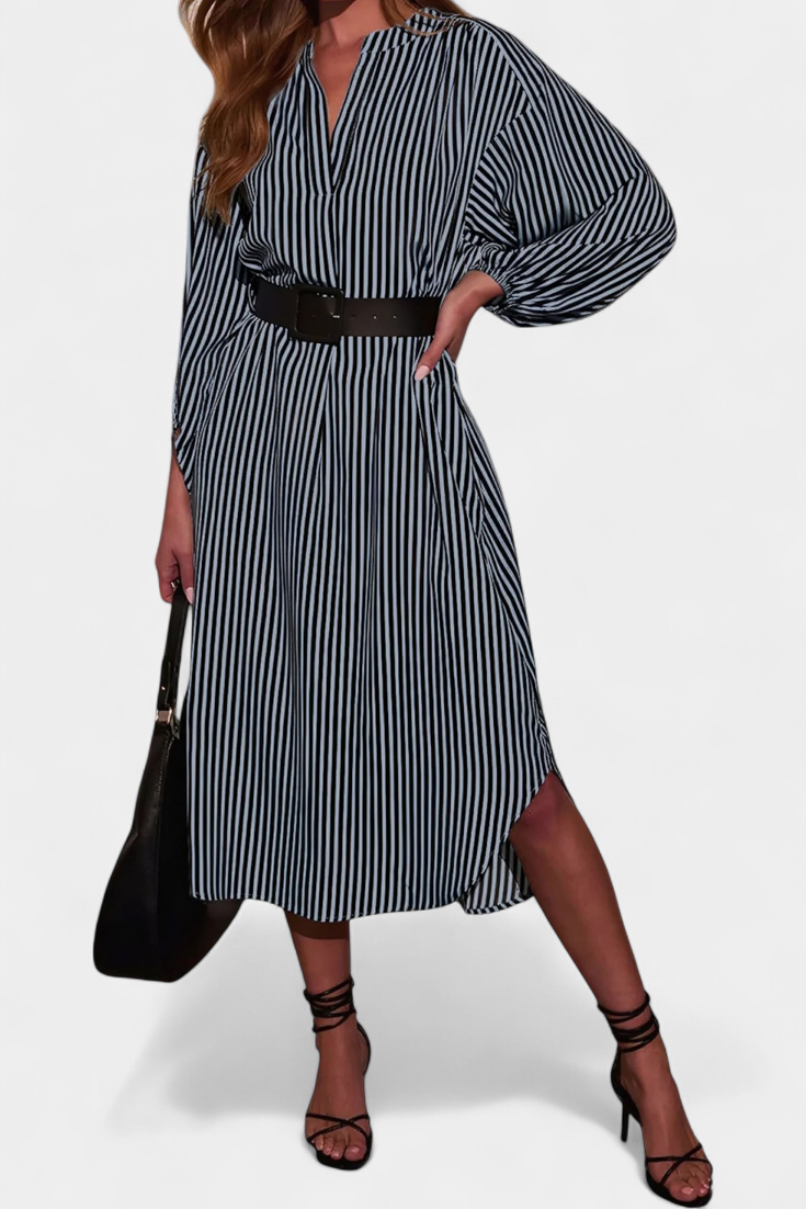 Eliana Robe Rayée avec Ceinture et Col en V