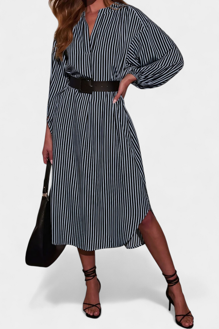 Eliana Robe Rayée avec Ceinture et Col en V