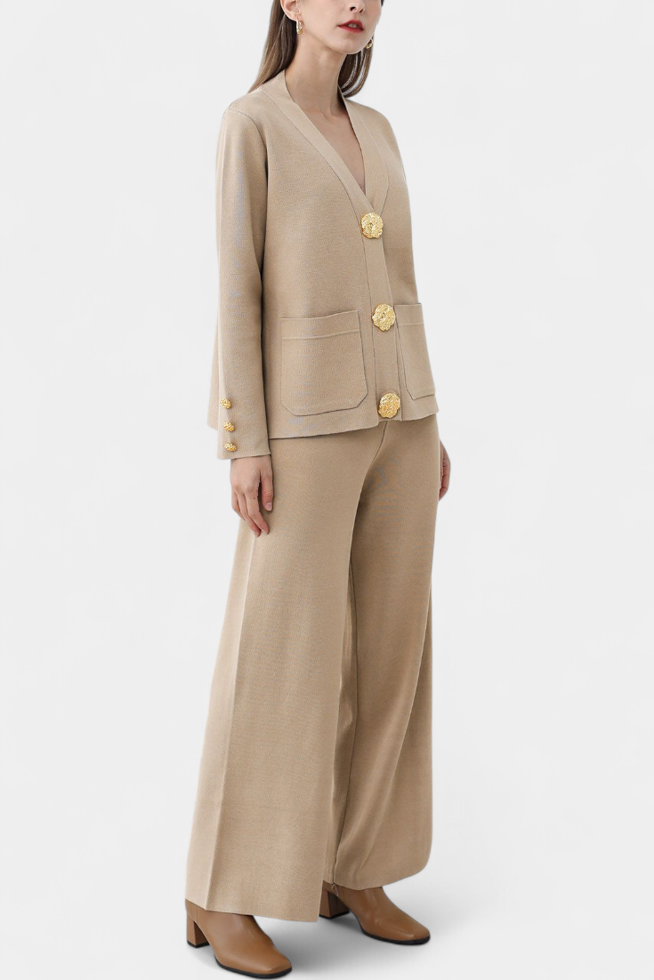 Aireen Ensemble en Tricot avec Cardigan et Pantalon à Jambes Larges