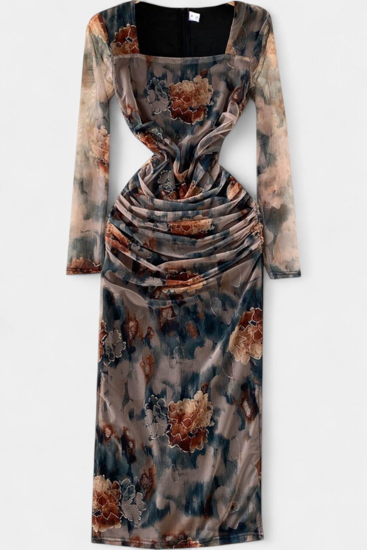Jaenia Robe Ajustée avec Imprimé Floral et Col Carré