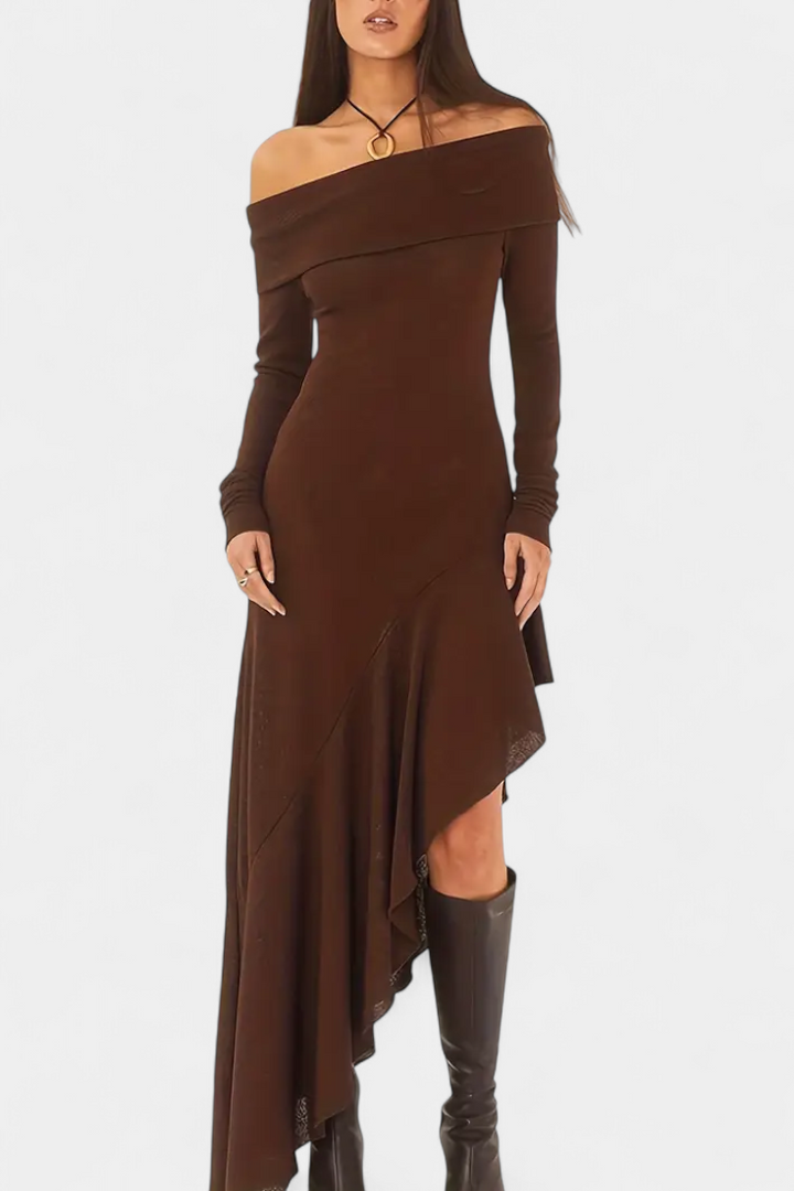 Robe Longue Asymétrique Recife à Épaule Unique avec Manches Longues