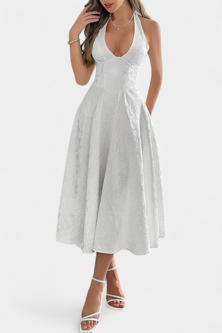 Robe Midi Jacquard Gilda avec Dos Nu et Taille Haute
