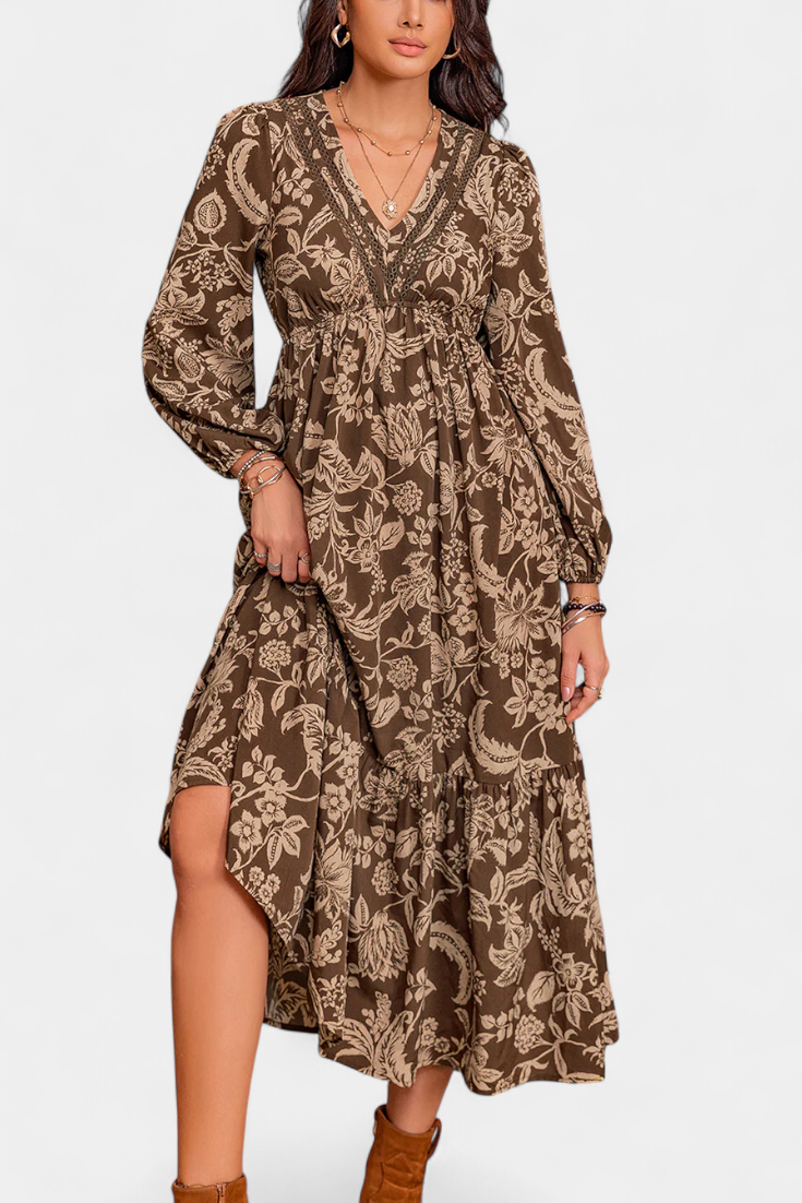 Robe Maxi Bohémienne Lunetta avec Imprimé Floral et Manches Bouffantes