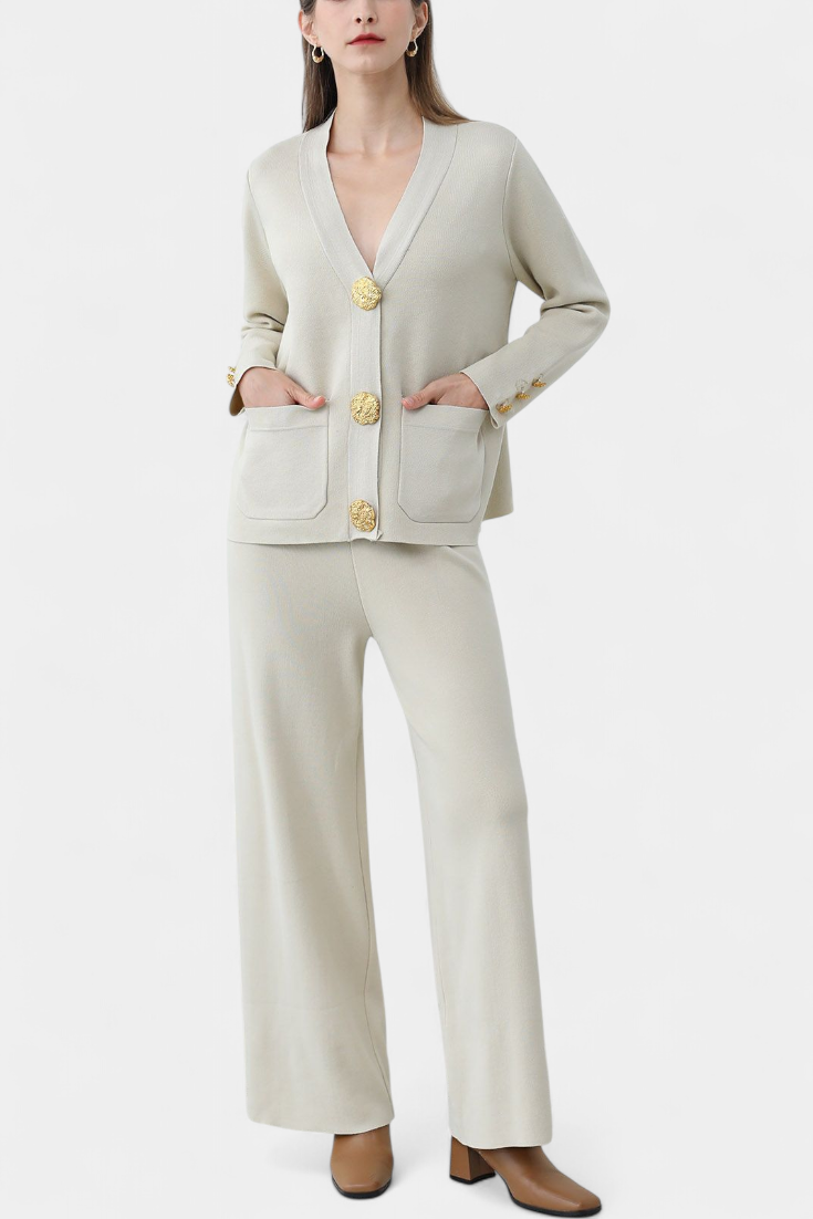 Aireen Ensemble en Tricot avec Cardigan et Pantalon à Jambes Larges