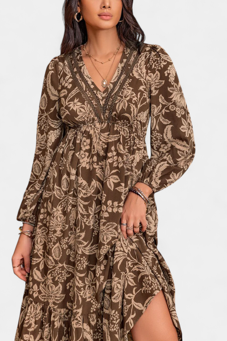Robe Maxi Bohémienne Lunetta avec Imprimé Floral et Manches Bouffantes