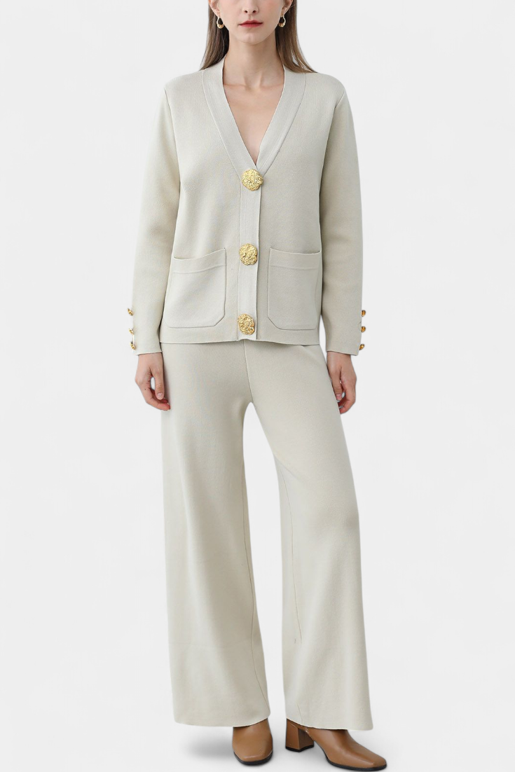 Aireen Ensemble en Tricot avec Cardigan et Pantalon à Jambes Larges