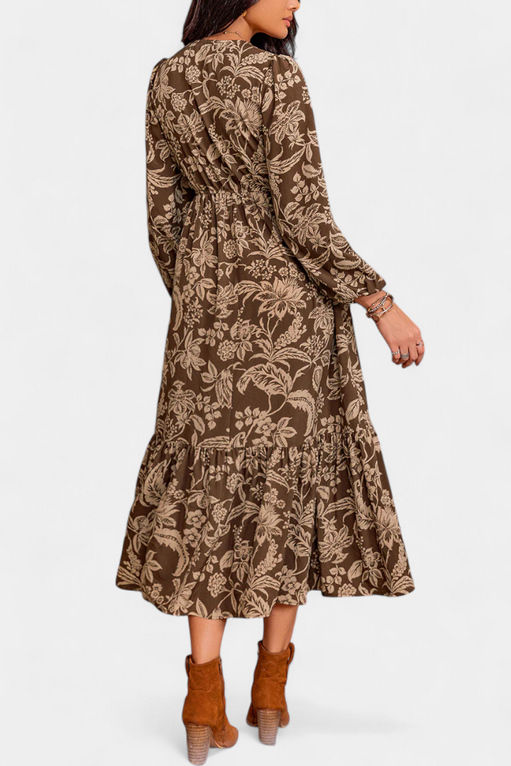 Robe Maxi Bohémienne Lunetta avec Imprimé Floral et Manches Bouffantes