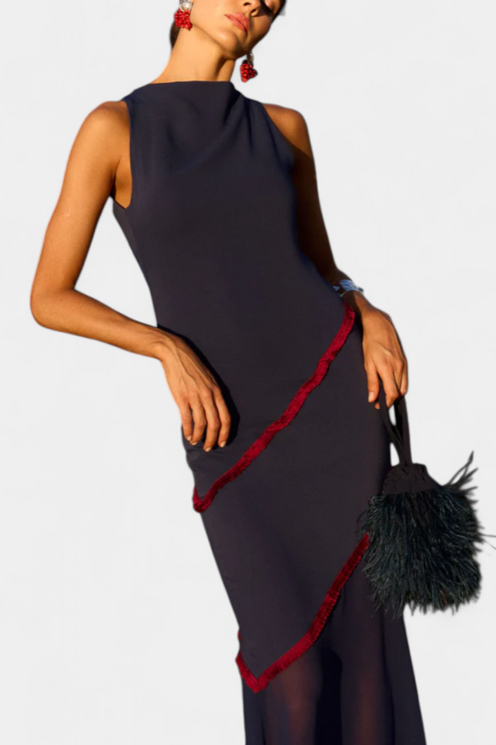 Robe Midi Bodycon Orfila avec Gaze et Franges Contrastées