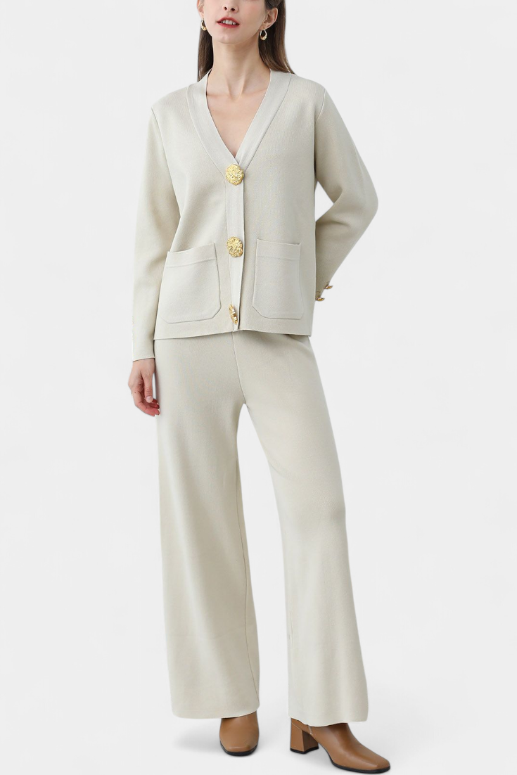 Aireen Ensemble en Tricot avec Cardigan et Pantalon à Jambes Larges