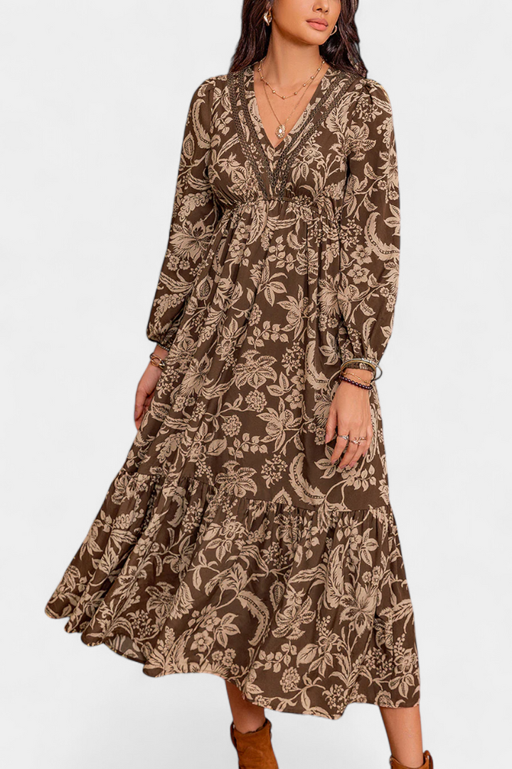 Robe Maxi Bohémienne Lunetta avec Imprimé Floral et Manches Bouffantes
