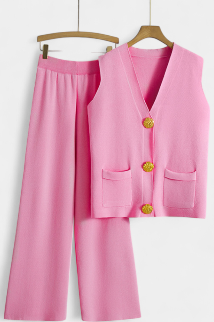 Jacey Ensemble en Maille avec Gilet et Pantalon à Jambe Large
