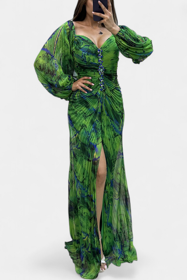 Robe Maxi Plissée Quintessa avec Manches Longues et Imprimé Vibrant