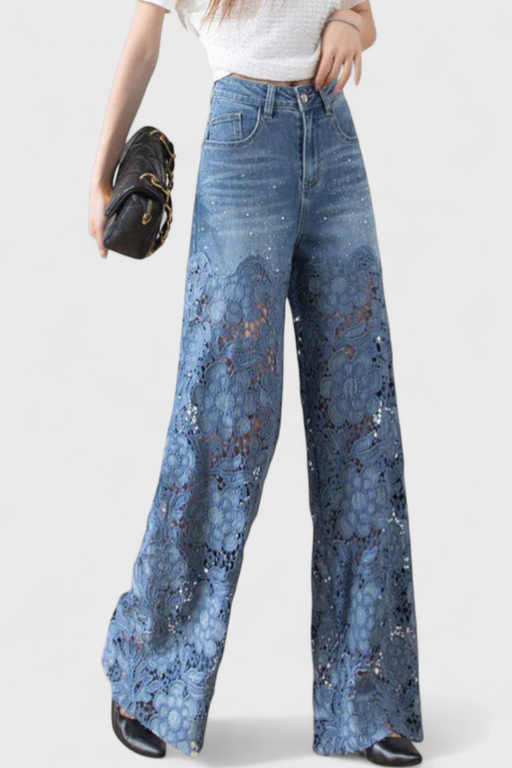Pantalon Palazzo en Denim avec Broderie Florale Jasiel