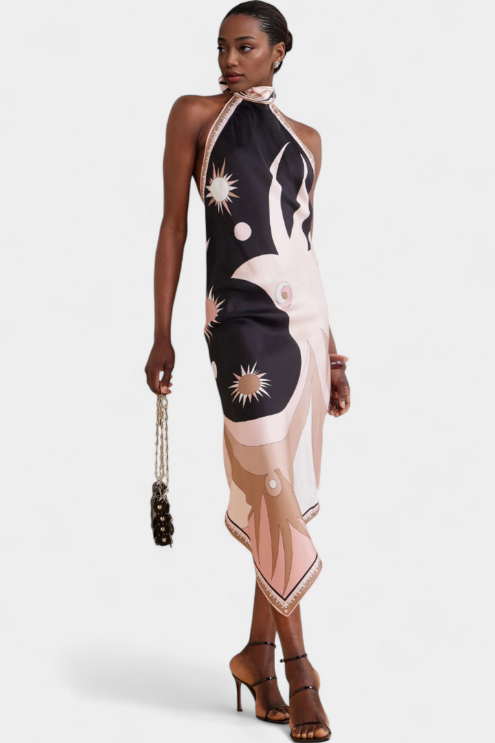 Robe Rosenda avec Dos Nu et Imprimé Abstrait