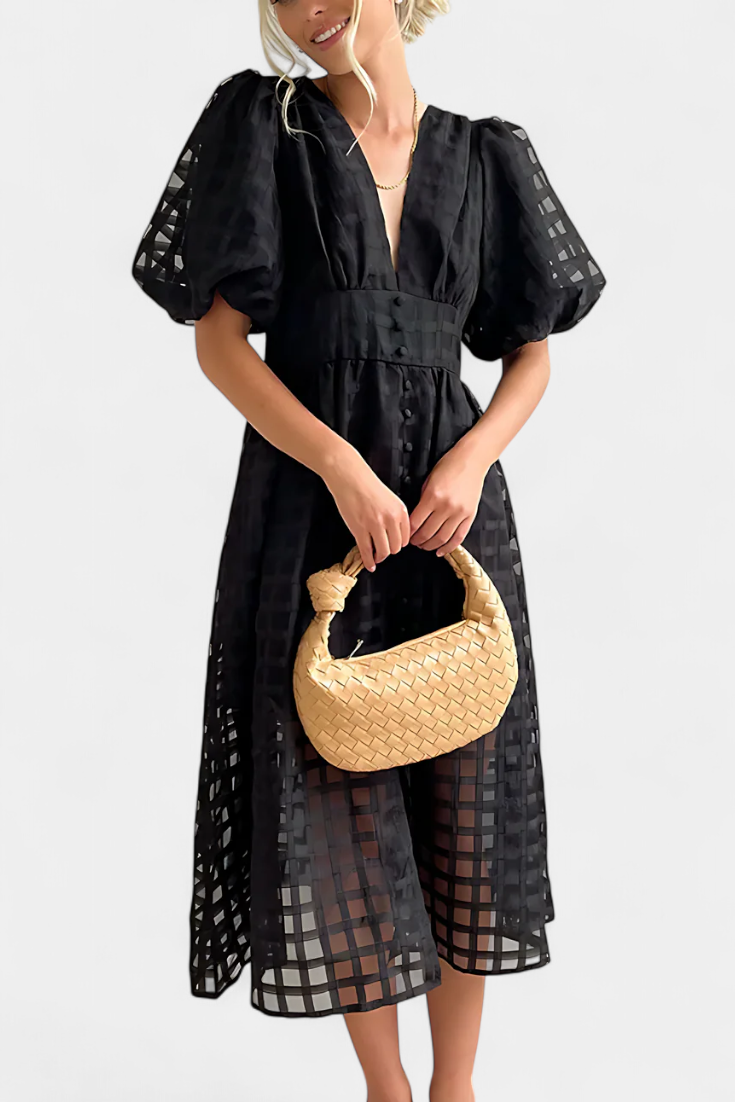 Robe Midi Marigold à Manches Bouffantes avec Motif à Carreaux