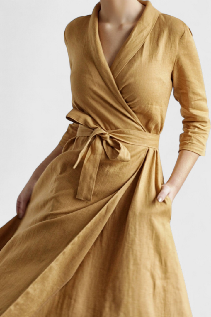 Robe Midi Vintage en Coton et Lin Sharon avec Col Revers