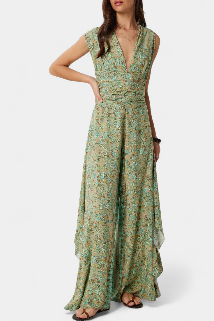 Mono Leandra Fluide Croisé avec Imprimé Floral Vert