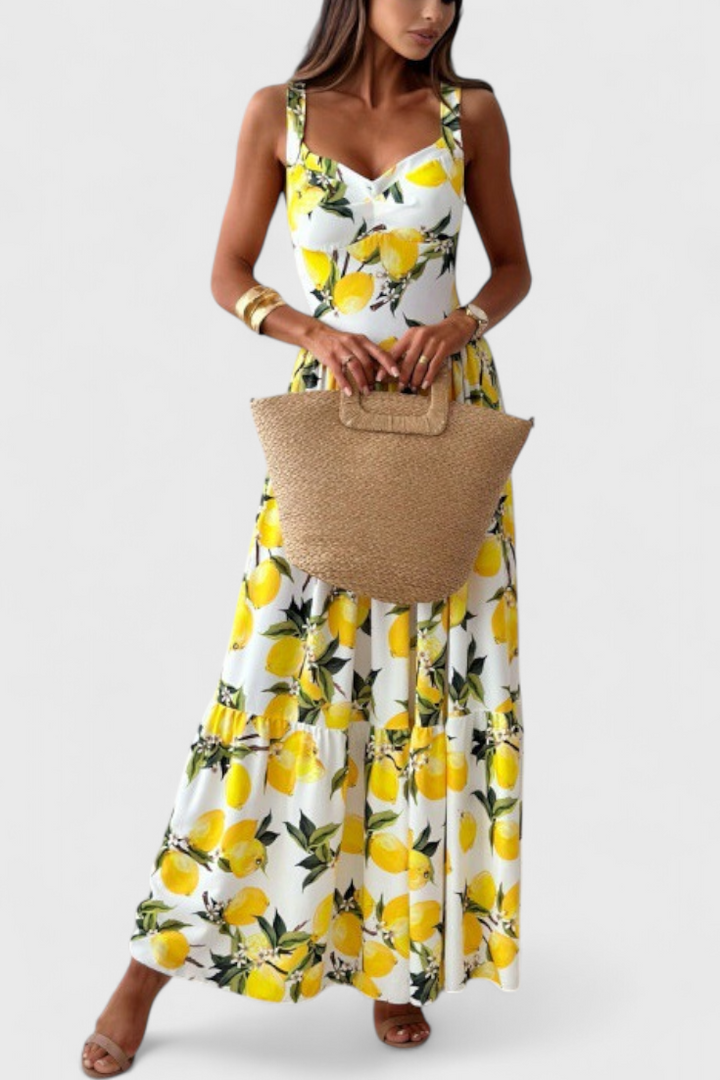 Robe Maxi Imprimée de Citrons Huda avec Bretelles et Fente Latérale