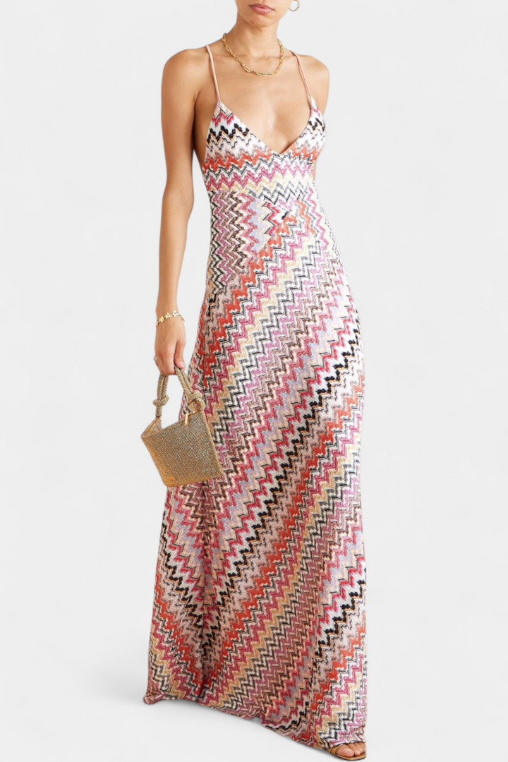 Robe Longue en Tricot Multicolore avec Décolleté Profond et Dos Croisé