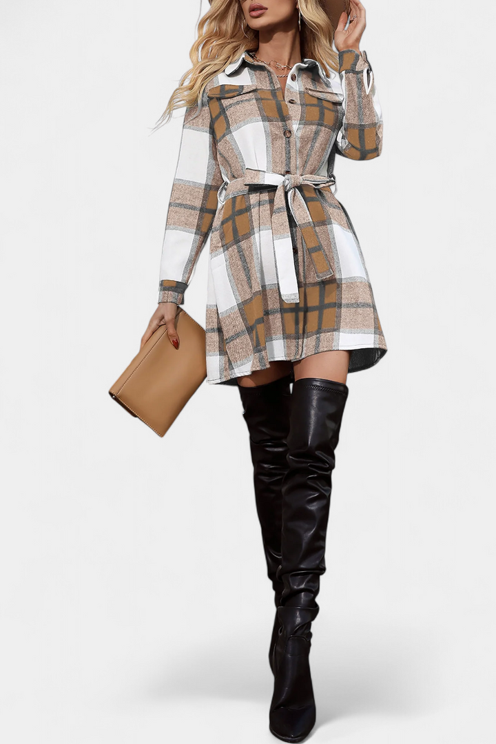 Robe Chemise Mini à Carreaux avec Ceinture
