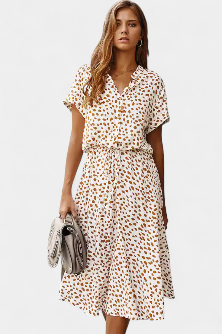Rovena Robe Midi à Pois avec Col Chemisier et Taille Ajustable