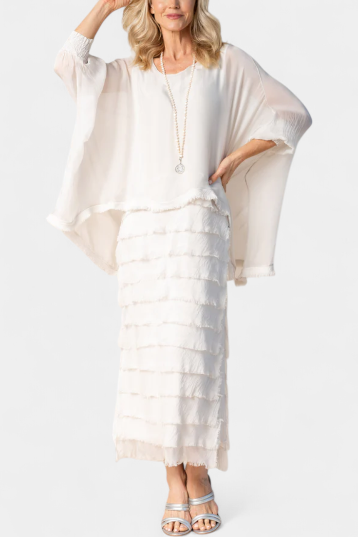 Robe Midi Rosaria avec Volants et Bords Effilochés