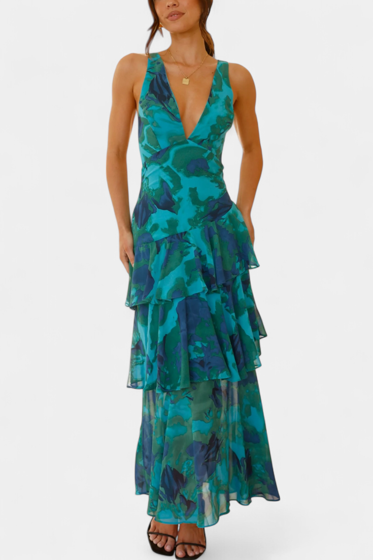 Robe Domenica en Georgette avec Décolleté en V et Couches Fluides