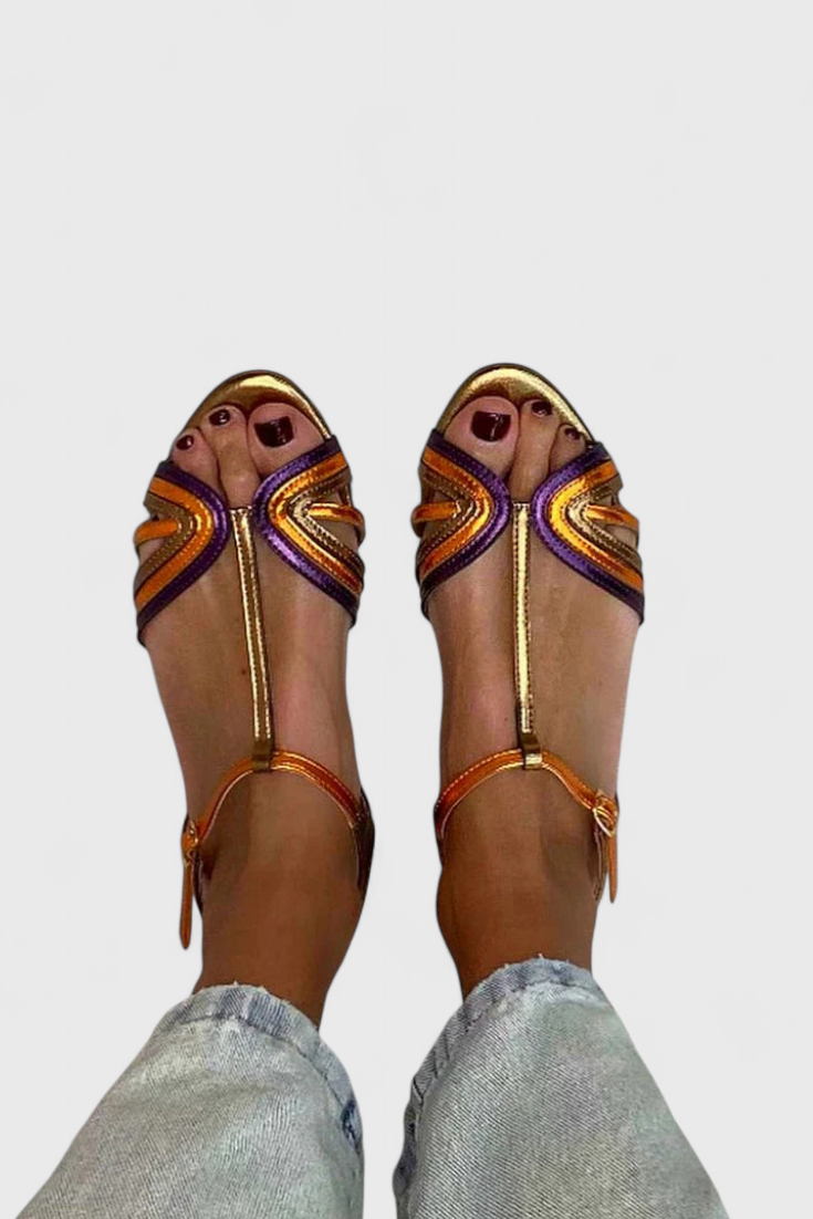 Sandales Raluca Dorées avec Bride en T Multicolore et Boucle