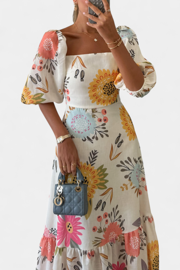 Robe Midi en Coton Kacey avec Imprimé Floral et Manches Bouffantes