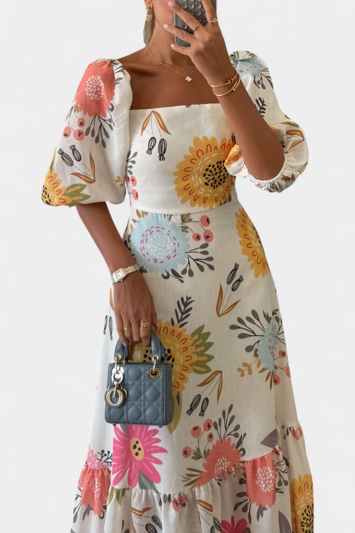 Robe Midi en Coton Kacey avec Imprimé Floral et Manches Bouffantes