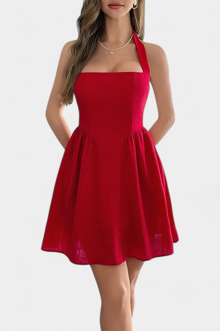 Robe Mini Halter Kassandra avec Dos Nu et Silhouette Évasée